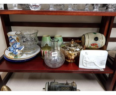 SHELF LOT OF ORNAMENTS AND GLASSWARE