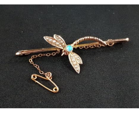 9 CARAT GOLD DRAGONFLY BROOCH SET WITH PEARLS AND OPAL. 