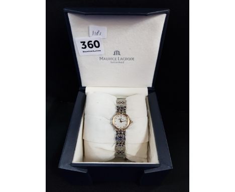 LADIES MAURICE LACROIX WATCH WITH MOTHER OF PEARL DIAL SET WITH DIAMONDS AND CABACHON SAPPHIRE ON WINDER IN BOX WITH PAPERWOR