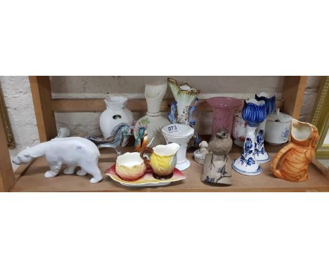 SHELF LOT OF ORNAMENTS AND FIGURES TO INLCUDE A RARE ROYAL COPENHAGEN BEAR