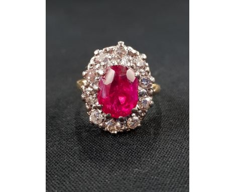 18 CARAT YELLOW GOLD &amp; RUBY RING CIRCA HALF CARAT OF DIAMONDS, RUBY MEASURES&nbsp;10MM LENGTH &amp; 7MM WIDTH