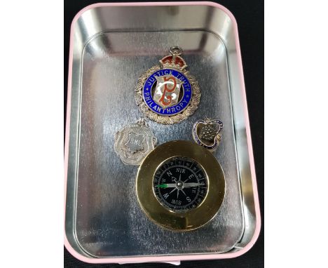 TIN LOT OF MEDALS AND COMPASS 