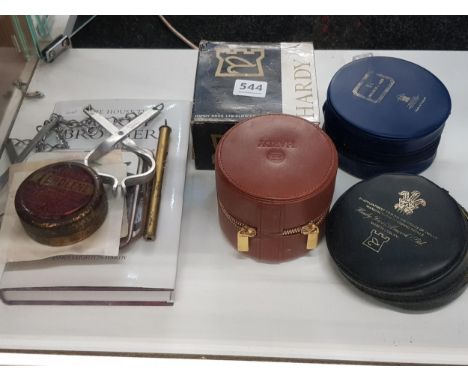 QTY OF HARDY FISHING ITEMS TO INC. BOOK, COASTERS, WADER CLAMPS, BRASS POCKET THERMOMETER, EMPTY HARDY CASES &amp; BOXES. 