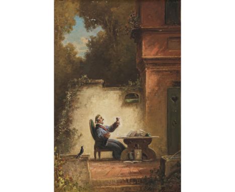 Willy Moralt1884 München - 1947 LenggriesWillkommene PauseEin Gelehrter mit Weinglas am Studiertisch auf der Terrasee. R. u. 