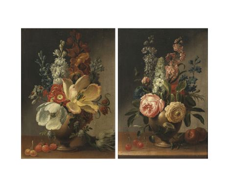 Johann Careel, zugeschriebennachweisbar in Nürnberg 1760-80Blumenstillleben mit FrüchtenZwei Gemälde. Eines r. u. monogrammie