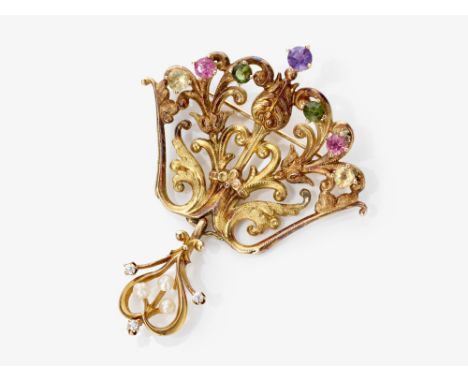 Brosche mit Farbsteinen und DiamantenFrankreich, um 1870/1880Mehrfarbiges Gold, 750/-, getestet. 3 kleine Altschliffbrillante