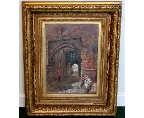 SAM BOUGH.The Entrance Gate to Carlisle Castle, with soldiersWatercolour, heightened with gouache.35cm x 24.5cm.