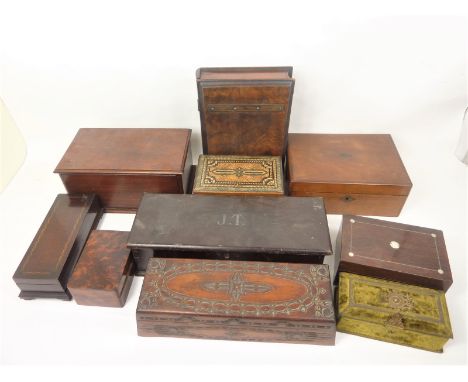 Ten wooden boxes of various size, including one in the form of a book, jewellery boxes, glove box, trinket etc. 12cm - 35cm l