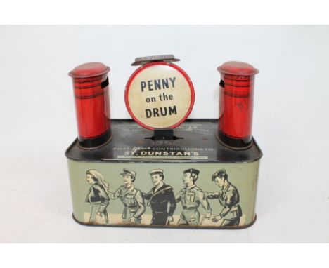 St. Dunstan's tin plate "Penny on the Drum" collecting money tin. Lithographed service personnel to both sides. To donate, a 
