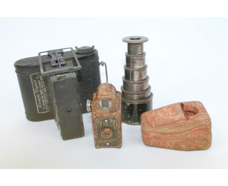 Vintage cameras, including Coronet Midget in marbled brown Bakelite, Ensign Cupid camera, Bakelite pocket slide viewer and a 