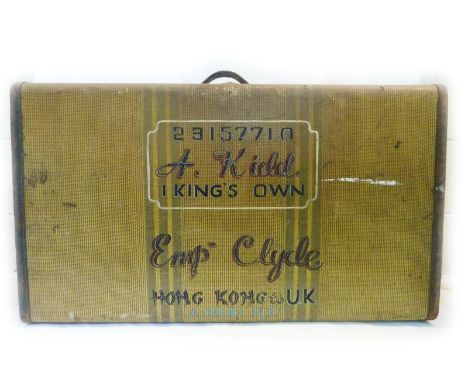 Large leather travel trunk / case "23157710, A. Kidd. / Kings Own in a lozenge above Emp. Clyde, Hong Kong to UK" to the top 
