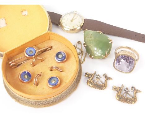 Lady's Timer 9ct gold watch, an amethyst ring, a gold mounted agate pebble and other items.