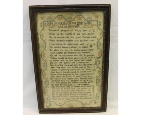 18th century Georgian needlework sampler by Mary Burt, 1779, inscribed with verse "A Copy of Verses on the Most Noble Art for