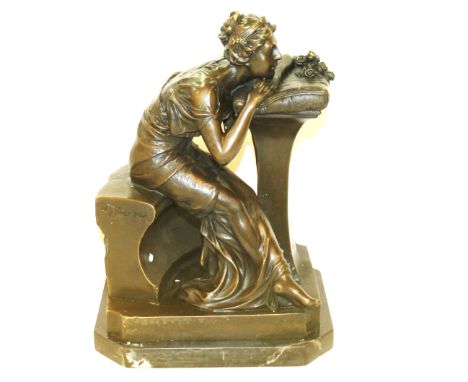 Reproduction bronze figure of a classical maiden leaning on a pedestal after an original by P. J. Mene on octagonal plinth ba