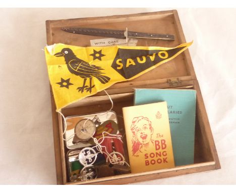 Scouting interest - a small quantity of items including whistle, badges, compass, vocab book, pennant etc. all contained in a