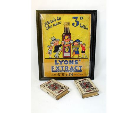 Vintage framed advertising card for "Lyons' Coffee and Chicory Extract" 37cm x 28cm, also two small boxes decorated with play