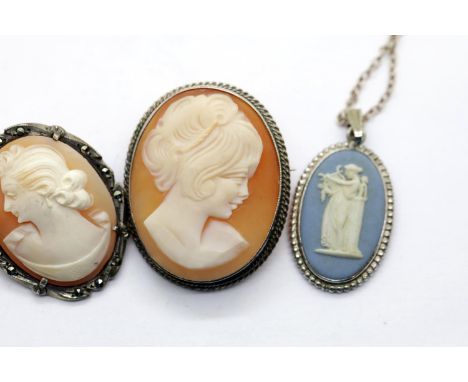 Two silver set cameo brooches and a similar Wedgwood example. P&amp;P Group 1 (£14+VAT for the first lot and £1+VAT for subse
