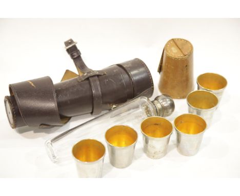 Leather bound white metal topped drinks flask and a set of six toddy cups in a leather holder by Cross P&amp;P Group 1 (£14+V