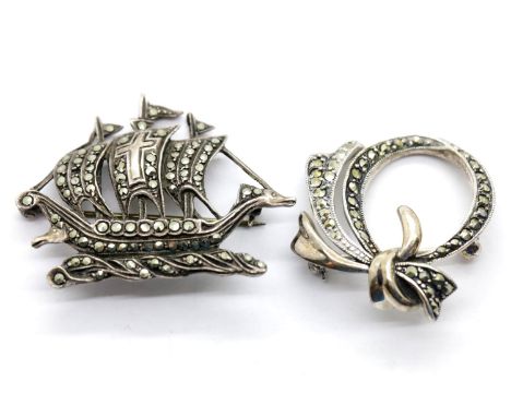 925 silver marcasite sailing ship brooch and another similar brooch, ship L: 4 cm, 15g. P&amp;P Group 1 (£14+VAT for the firs