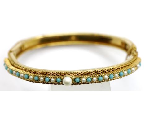 Gold plated seed pearl and turquoise set bangle. D: 6 cm. P&amp;P Group 1 (£14+VAT for the first lot and £1+VAT for subsequen