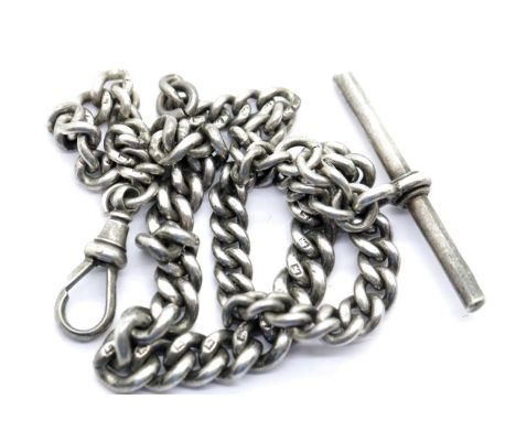 Hallmarked silver watch chain with T bar and crocodile, L: 32 cm, 31g. P&amp;P Group 1 (£14+VAT for the first lot and £1+VAT 