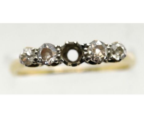 18ct yellow gold platinum set five diamond ring, missing one diamond, size O, 2.5g. P&P Group 1 (£14+VAT for the first lot an