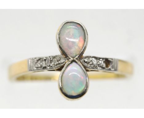 18ct yellow gold opal and diamond set ring, missing one diamond, opals approximately 0.50ct, size N, 3.1g. P&amp;P Group 1 (£