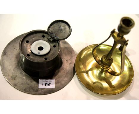 Gimballed brass ships candlestick and antique pewter ships inkwell with original ceramic well. P&amp;P Group 3 (£25+VAT for t