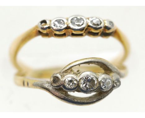 Two unmarked presumed 9ct yellow gold, diamond set rings, sizes M and J, one stone missing, 4.2g. P&amp;P Group 1 (£14+VAT fo