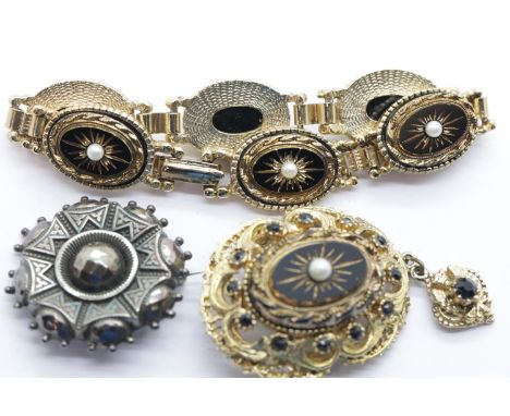 Two Victorian type mourning brooches and a matching bracelet. P&amp;P Group 1 (£14+VAT for the first lot and £1+VAT for subse