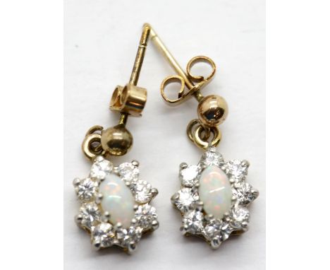 1970s 9ct gold opal and cubic zirconia drop earrings. P&amp;P Group 1 (£14+VAT for the first lot and £1+VAT for subsequent lo