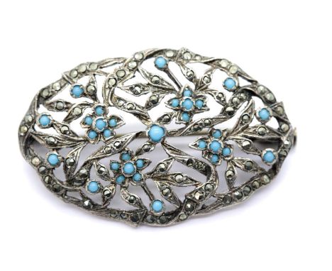 Unmarked probably silver, marcasite and turquoise set brooch, L: 4.5 cm, 9.6g. P&amp;P Group 1 (£14+VAT for the first lot and