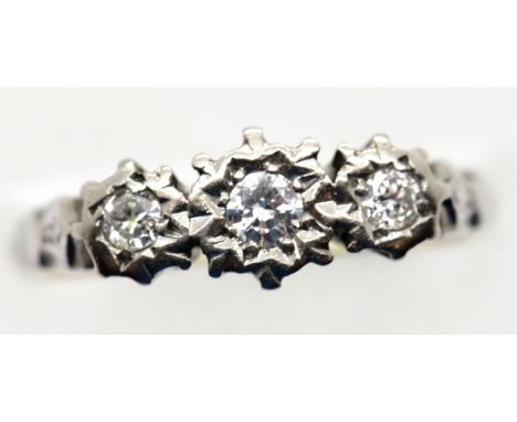 Ladies antique 18ct gold and platinum three stone diamond ring, size M, 3.0g. P&amp;P Group 1 (£14+VAT for the first lot and 