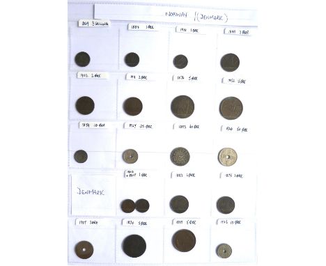 Collection of 19th and early 20thC coins from Norway and Denmark, including Norwegian silver 1868 3 skilling, 1884 1 ore, rar