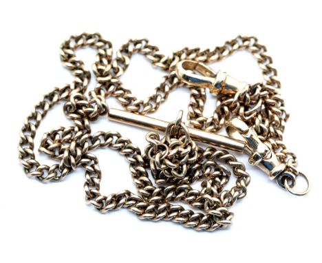 9ct gold pocket watch chain with T bar and two crocodile clips, 20.0g L: 49 cm. P&P Group 1 (£14+VAT for the first lot and £1