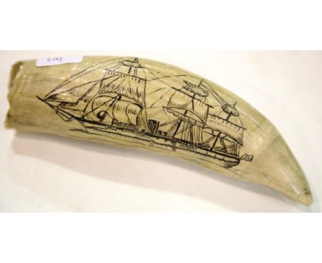 Whale tooth with (probably later) inked decoration of HMS Opal signed Doxfords 1875. P&amp;P Group 2 (£18+VAT for the first l