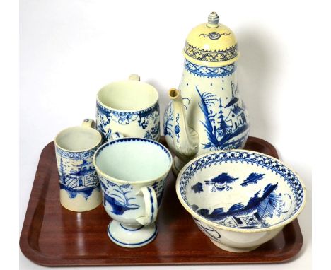 A small group of Liverpool pearlware including coffee pot, basin, two mugs (all a.f.), together with a pottery loving cup