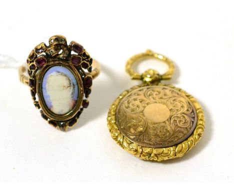 A porcelain portrait miniature, garnet and diamonds set ring, an oval portrait miniature within a frame set with vari-cut gar