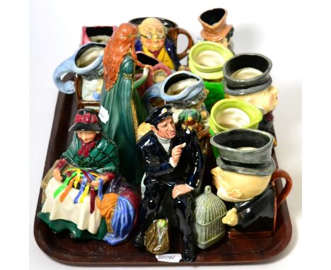 Two Royal Doulton figures ''Silks and Ribbons'', ''Shore Leave''; a Beswick owl; a Royal Worcester figure ''The Princess of T