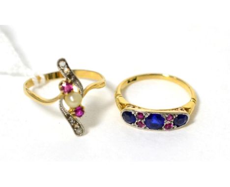 A pearl, ruby and diamond cross over ring, stamped '18CT', finger size M1/2 and a gem set ring, stamped '18CT', finger size I