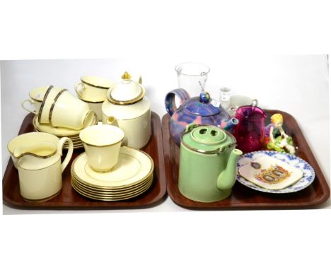 A Minton St James teaset; Royal Worcester two babies figure; cranberry jug Wilfred Watson; decorative ceramics etc (two trays