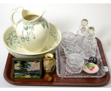 An early 20th century Japanese Satsuma vase, a small butterfly picture, an enamel box, a jug and basin, a glass dressing tabl