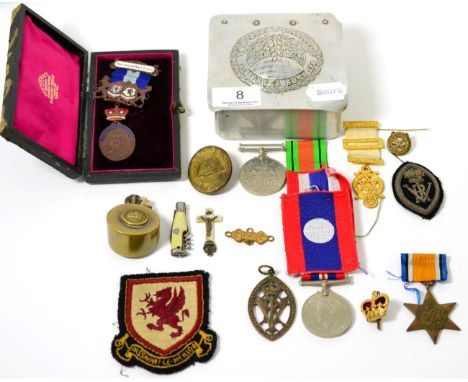 Various medals, Masonic medallions, French lighter etc (qty)