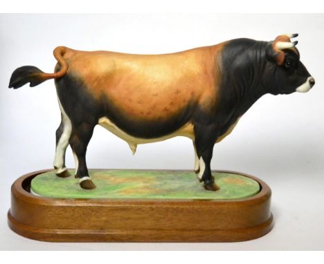 Royal Worcester Jersey Bull ''Leebarn Carlisle II'', model No. RW3776 by Doris Lindner, on wooden plinth (a.f.)