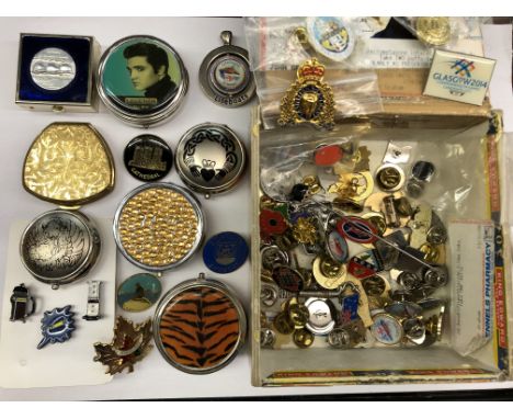 BOX OF ENAMEL LAPEL BADGES AND PINS, CUFF LINKS AND PILL BOXES 