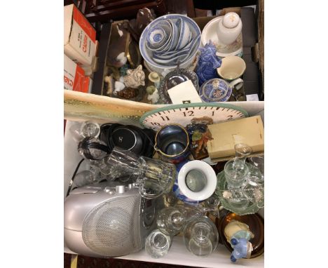 TWO BOXES OF VARIOUS GLASSWARE, NAO BOY CLOWN FIGURE, CHINESE BLUE AND WHITE RICE BOWLS AND LADLES, NOVELTY TEA POT, ETC