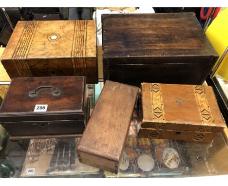 MID 18TH CENTURY MAHOGANY TEA CADDY, TWO WALNUT TUNBRIDGE BANDED NEEDLE WORK BOXES AND TWO OTHER BOXES