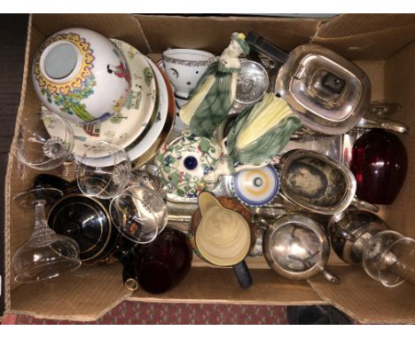 JACK FIELD WARE TEA POT, PAIR OF FIGURINES, PLATES AND A EPNS THREE PIECE TEA SERVICE ON TRAY