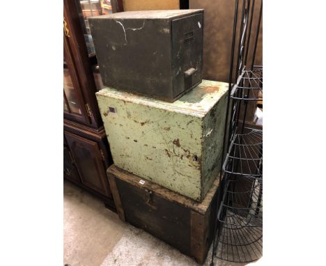 VINTAGE OAK TOOL CHEST, METAL CHEST AND SINGLE DRAWER METAL FILING CABINET