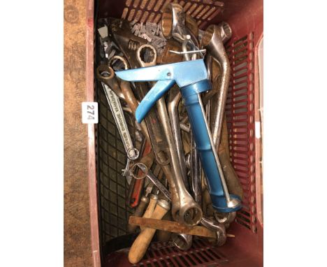 CARTON OF HEAVY DUTY RING SPANNERS, CHISELS, MONKEY WRENCH AND AN ENAMEL STORAGE TIN